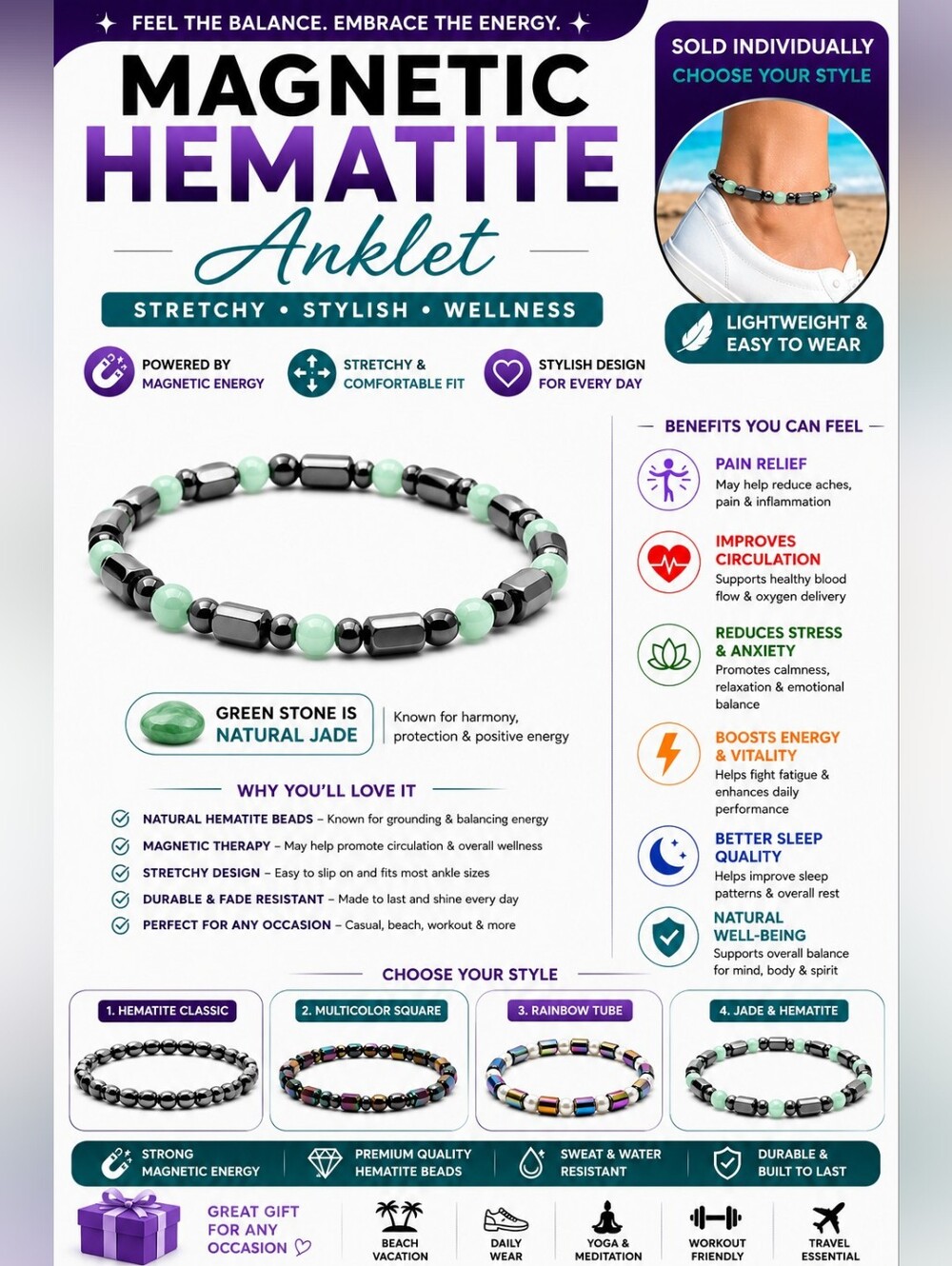 Magnetic Hematite Anklet with Green Jade Beads - Wellness Stretch Anklet